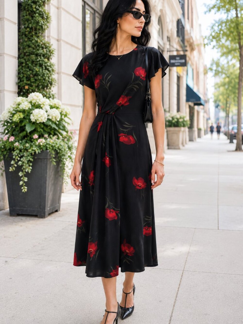 Just Fab Women's Floral Midi Dress Ruched Waist Detail Size XS